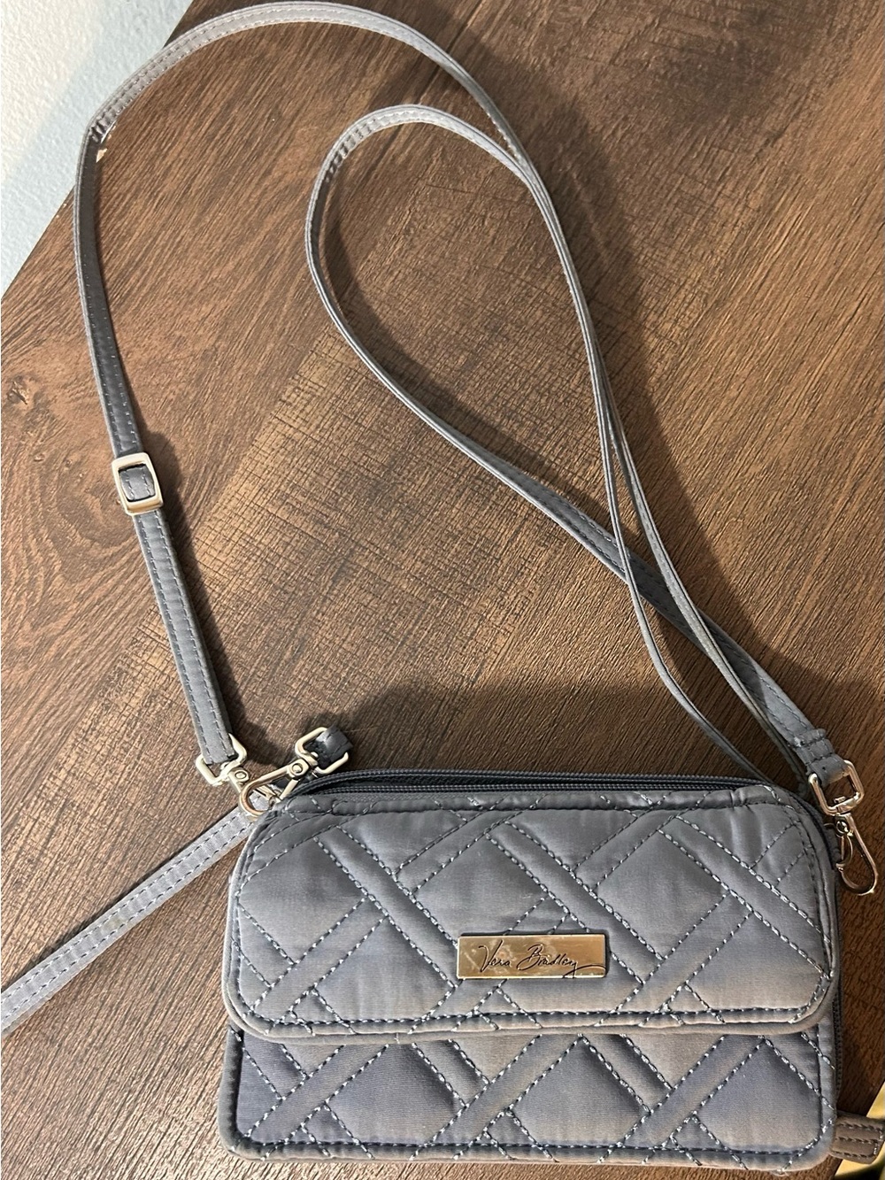 Vera Bradley Gray Quilted Crossbody with Gold Plaque